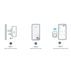 Setup guide for TP-Link Tapo P100 smart plug showing three steps: plugging device into wall socket, downloading Tapo app, and