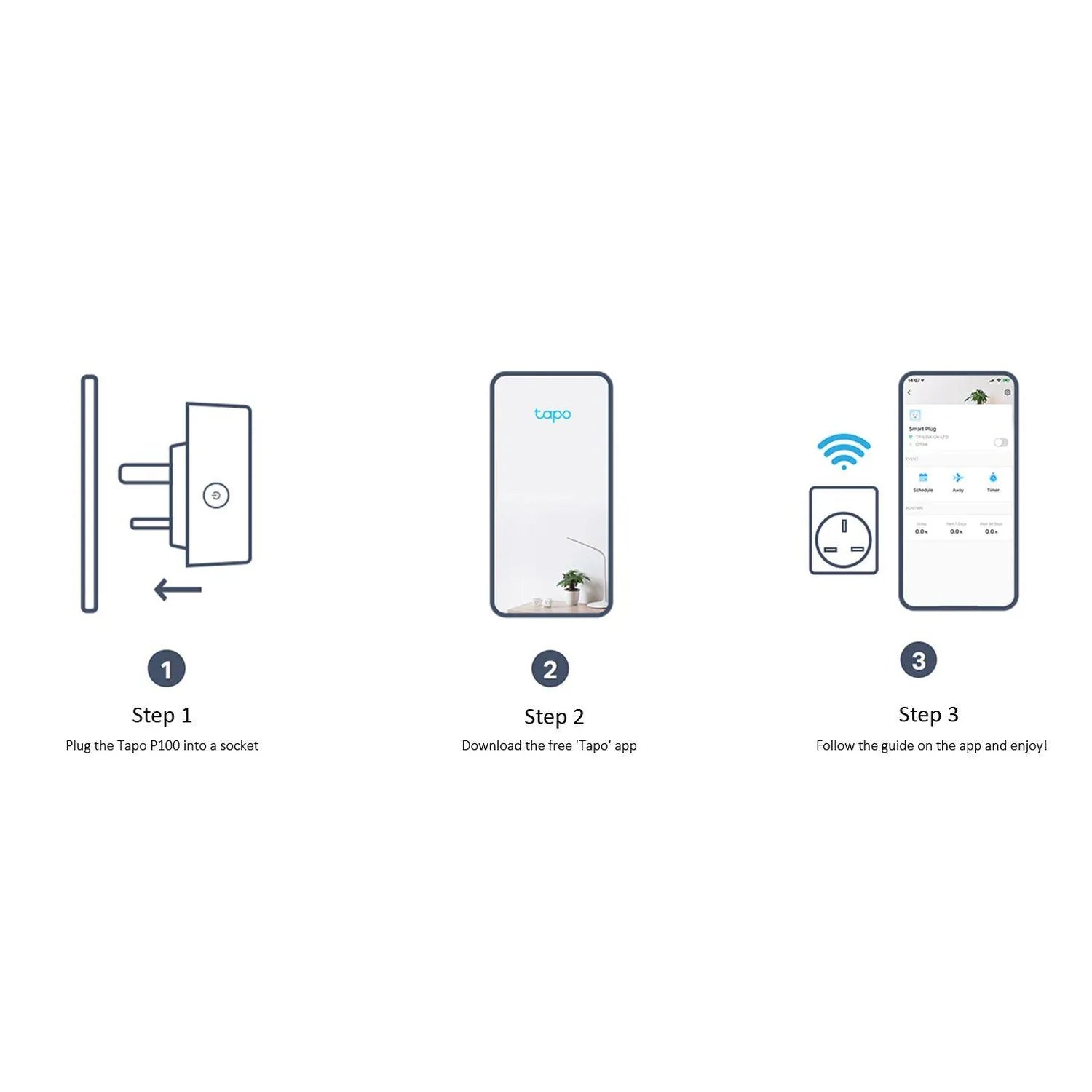 Setup guide for TP-Link Tapo P100 smart plug showing three steps: plugging device into wall socket, downloading Tapo app, and