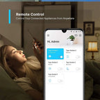 Woman in bed holding smartphone displaying Tapo app with remote control interface for five smart sockets in different rooms.