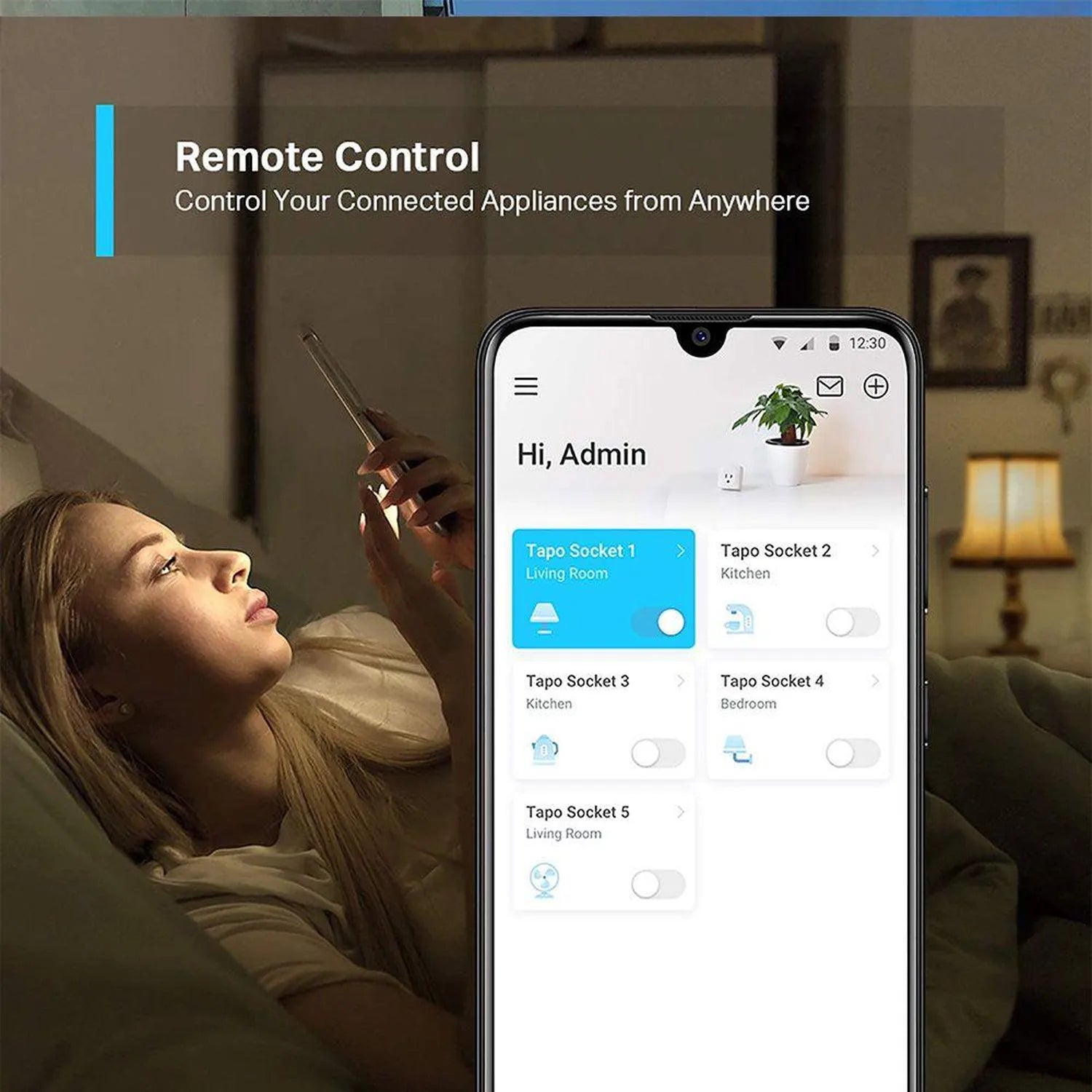 Woman in bed holding smartphone displaying Tapo app with remote control interface for five smart sockets in different rooms.