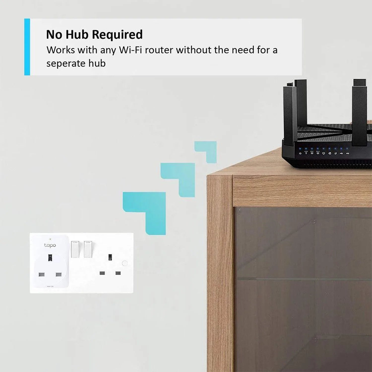 Tapo Smart Plug installation shot showing wall outlet with router above, connected via Wi-Fi signal graphic, demonstrating hu