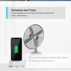 Smartphone displaying battery icon next to desk fan, demonstrating smart home scheduling and timer control features for appli
