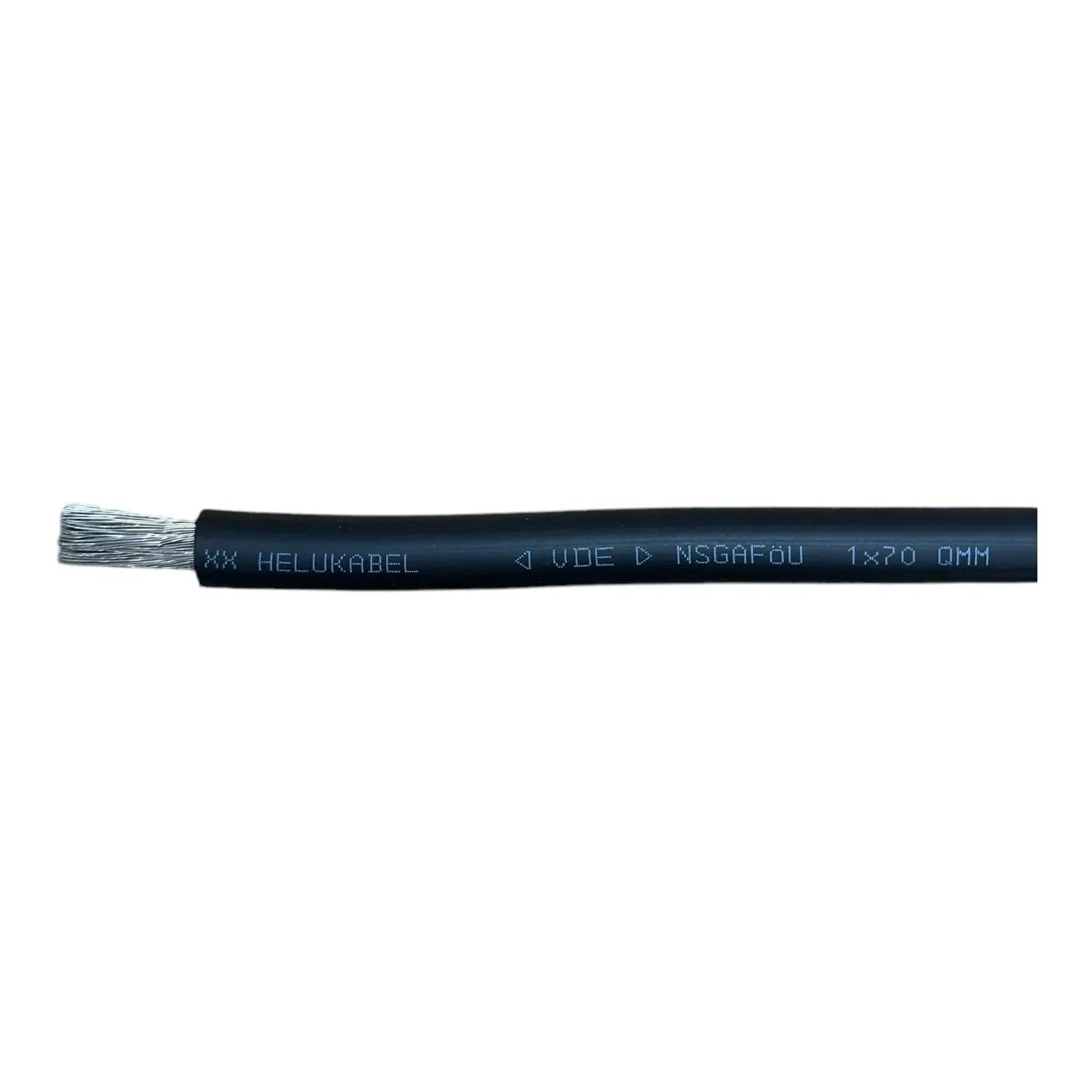 Black welding cable with printed text reading "HELUKABEL UDE MSGAFOU 1x70 OHM" and exposed stranded wire end.