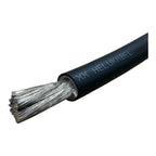 Black insulated battery cable with exposed copper strands at the end, labeled Helukabel, shown against white background.