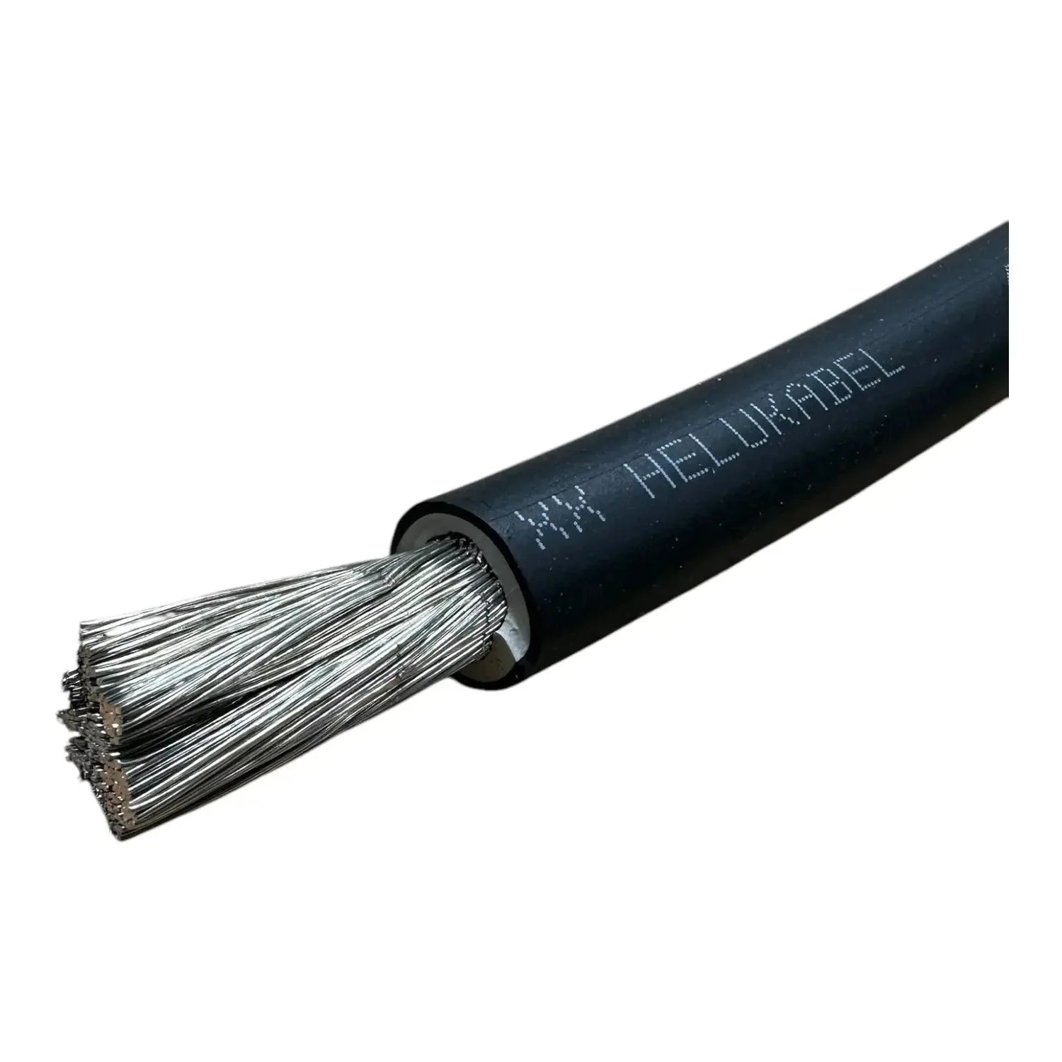 Black insulated battery cable with exposed copper strands at the end, labeled Helukabel, shown against white background.