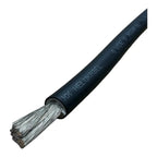 Black insulated battery cable with metal stranded wire exposed at end, showing product labeling on sleeve.