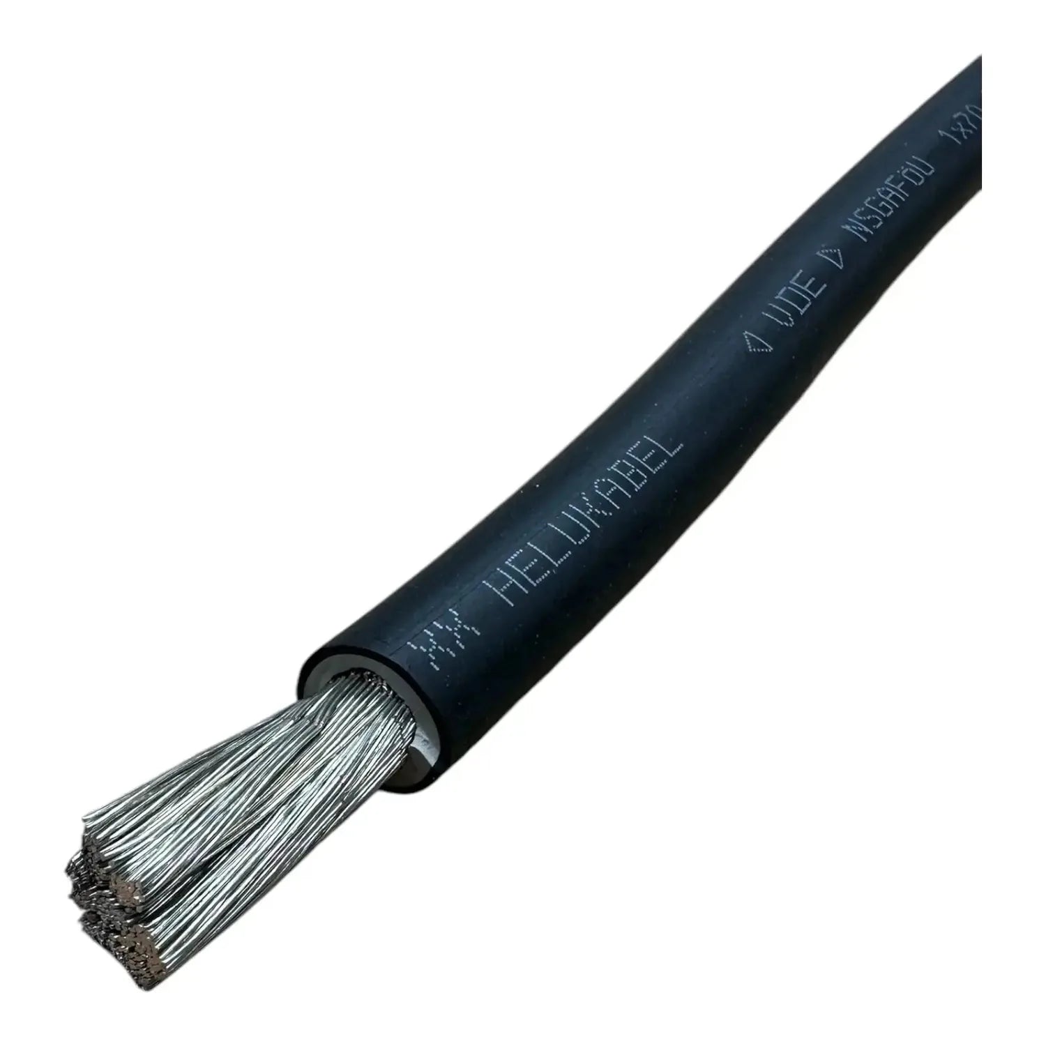 Black insulated battery cable with metal stranded wire exposed at end, showing product labeling on sleeve.