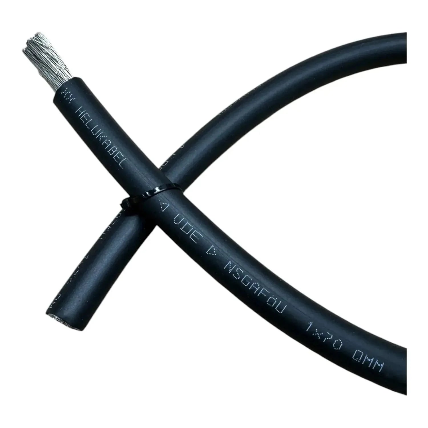 Helukabel black welding cable with crimped connectors arranged in X shape, showing product branding and specifications on sle
