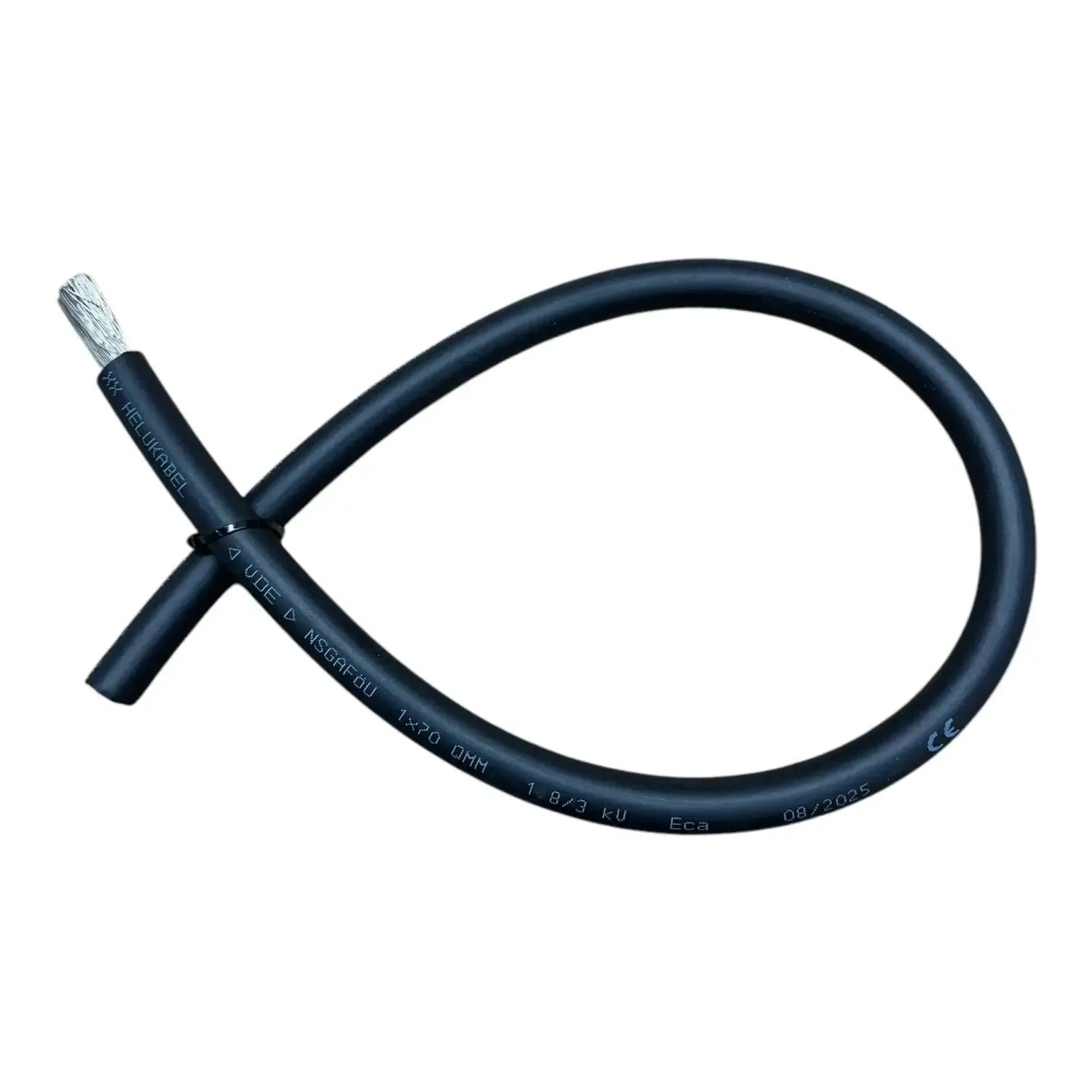 Black welding cable with crimped lug connector and product specifications printed on jacket, coiled against white background.