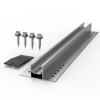 Metal roof mounting kit with rail-less design, four self-drilling screws, and black end cap, shown with components separated.