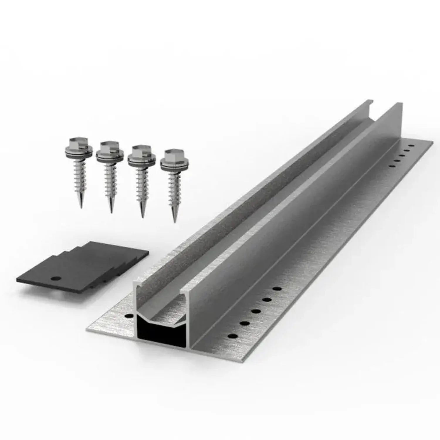 Metal roof mounting kit with rail-less design, four self-drilling screws, and black end cap, shown with components separated.