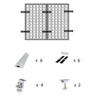 Solar panel mounting kit assembly diagram showing rails, brackets, clamps, and connectors with quantity specifications for me