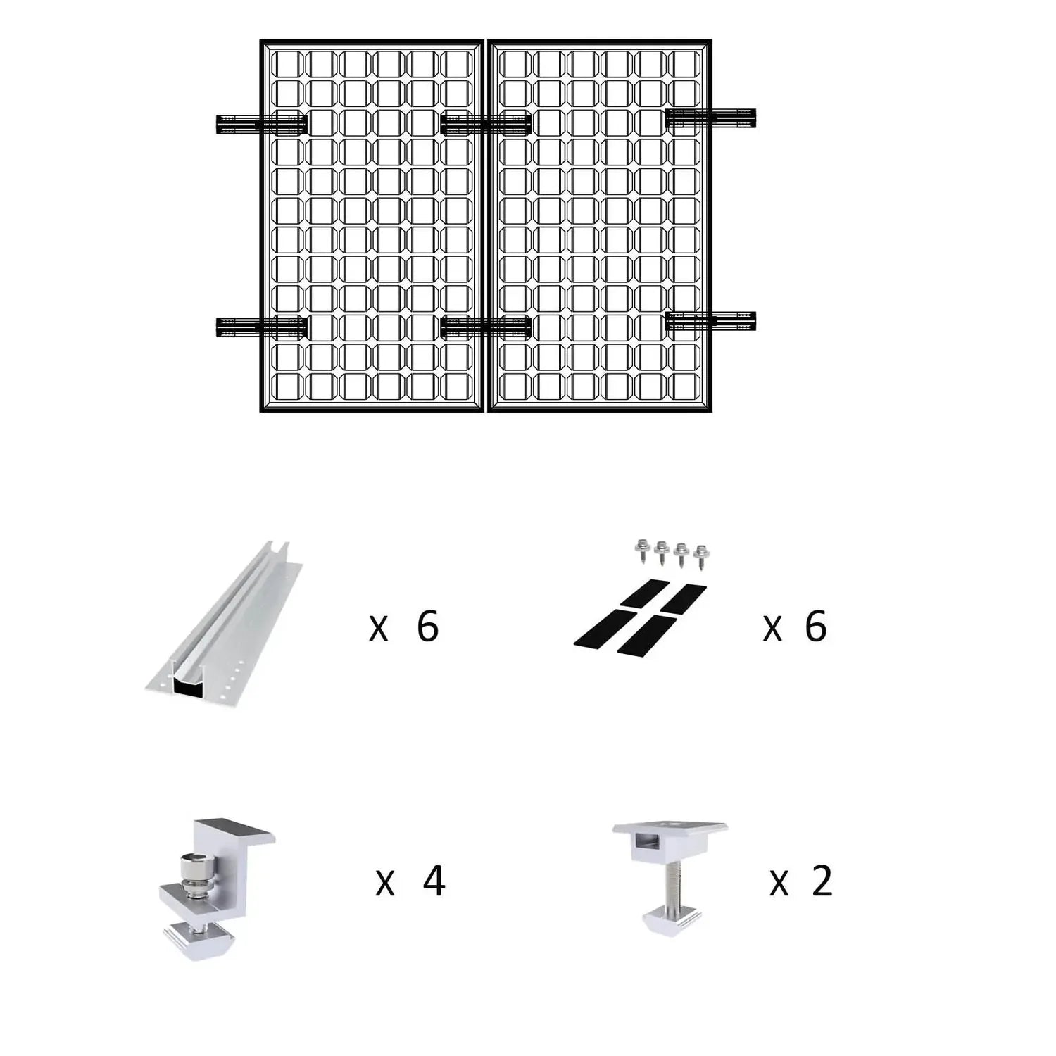 Solar panel mounting kit assembly diagram showing rails, brackets, clamps, and connectors with quantity specifications for me