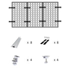 Exploded assembly diagram showing three-panel solar mounting system with aluminum rails, brackets, and hardware components la