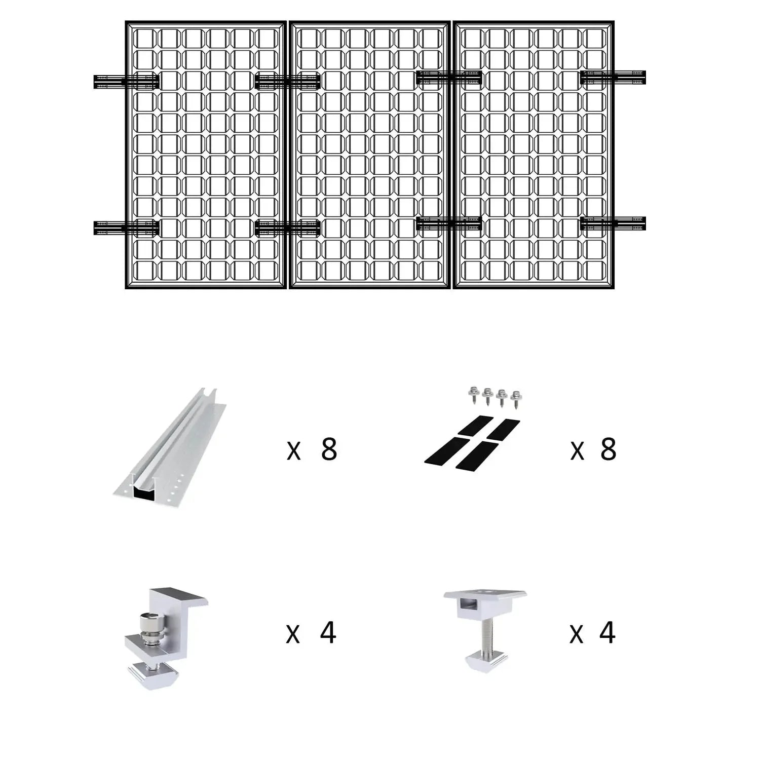 Exploded assembly diagram showing three-panel solar mounting system with aluminum rails, brackets, and hardware components la