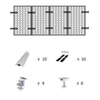 Rail-less solar panel mounting kit components diagram showing aluminum rails, brackets, fasteners, and feet with quantities n