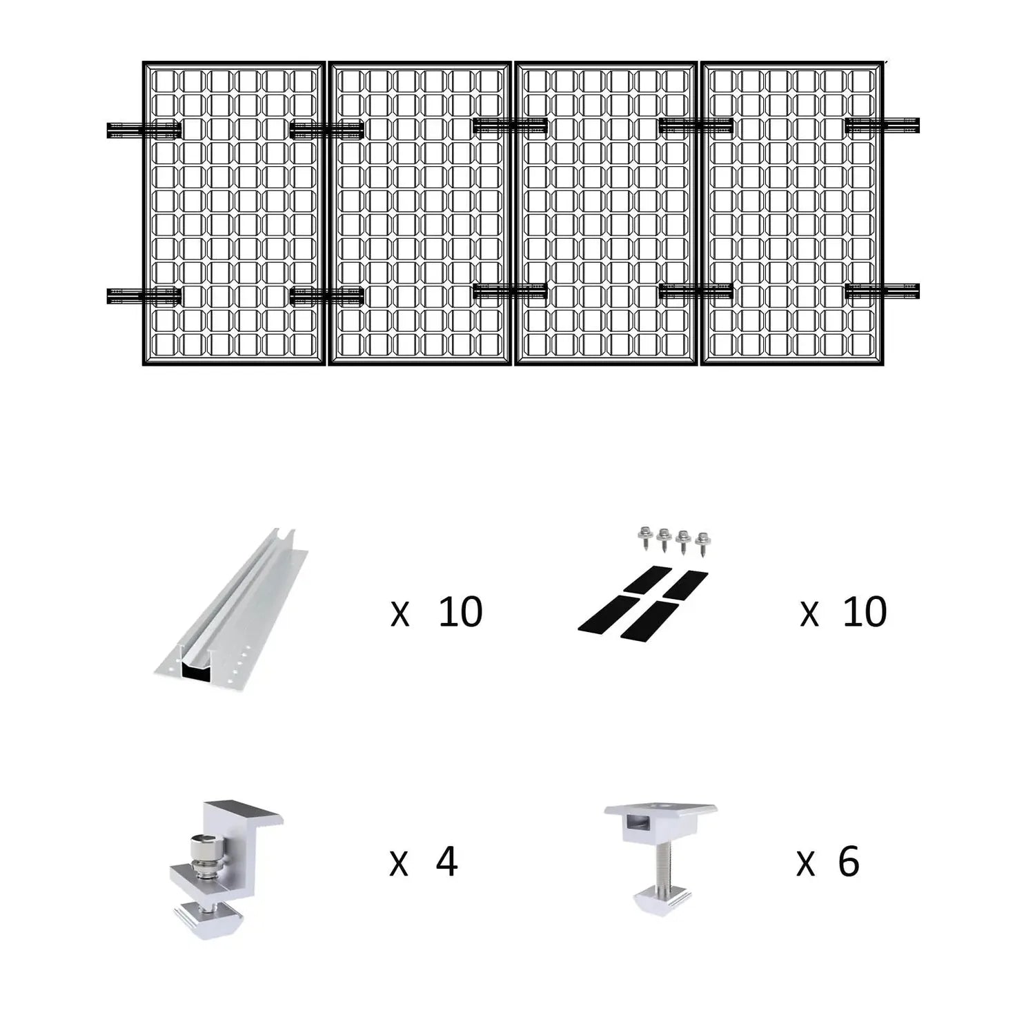 Rail-less solar panel mounting kit components diagram showing aluminum rails, brackets, fasteners, and feet with quantities n