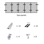 Solar panel mounting kit assembly diagram showing 5 mesh panels, aluminum rails, brackets, and hardware with quantities label