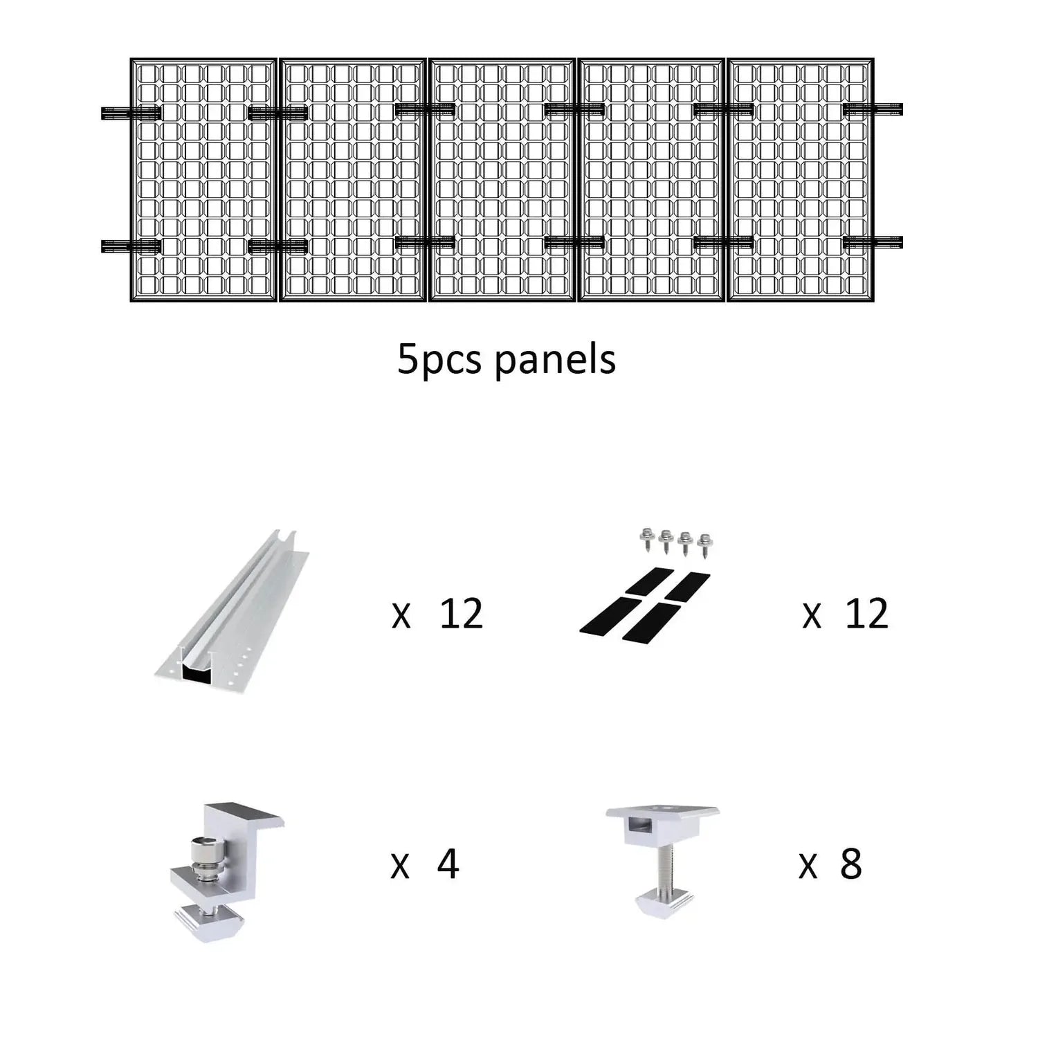 Solar panel mounting kit assembly diagram showing 5 mesh panels, aluminum rails, brackets, and hardware with quantities label