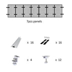 Parts diagram showing 7 panel sections, 16 rails, 16 clamp sets, 4 brackets, and 12 feet for solar panel installation kit.
