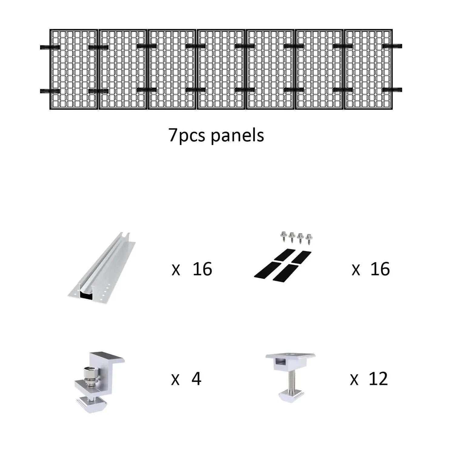 Parts diagram showing 7 panel sections, 16 rails, 16 clamp sets, 4 brackets, and 12 feet for solar panel installation kit.