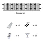Components diagram for rail-less solar panel mounting kit showing 8 panels, 18 rails, 18 fastener sets, 4 clamps, and 14 feet