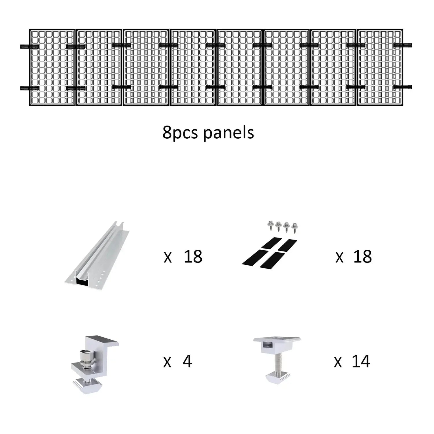 Components diagram for rail-less solar panel mounting kit showing 8 panels, 18 rails, 18 fastener sets, 4 clamps, and 14 feet