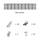 Assembly diagram for rail-less solar panel mounting kit showing 9 mesh panels and component quantities: 20 rails, 20 fastener