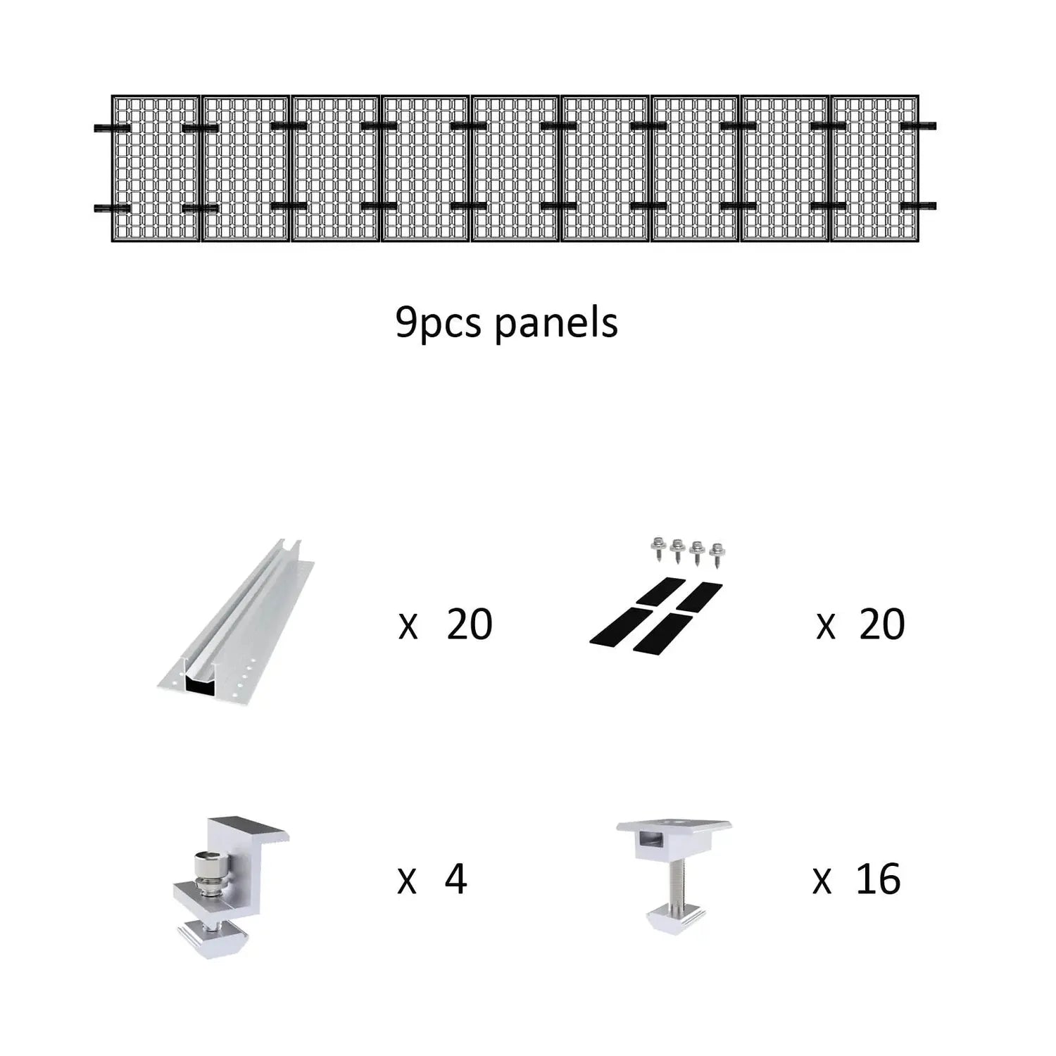 Assembly diagram for rail-less solar panel mounting kit showing 9 mesh panels and component quantities: 20 rails, 20 fastener