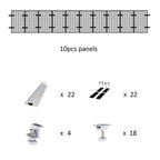 Exploded view diagram of solar panel mounting kit components: 10 panels, 22 rails, 22 black brackets with fasteners, 4 clamps