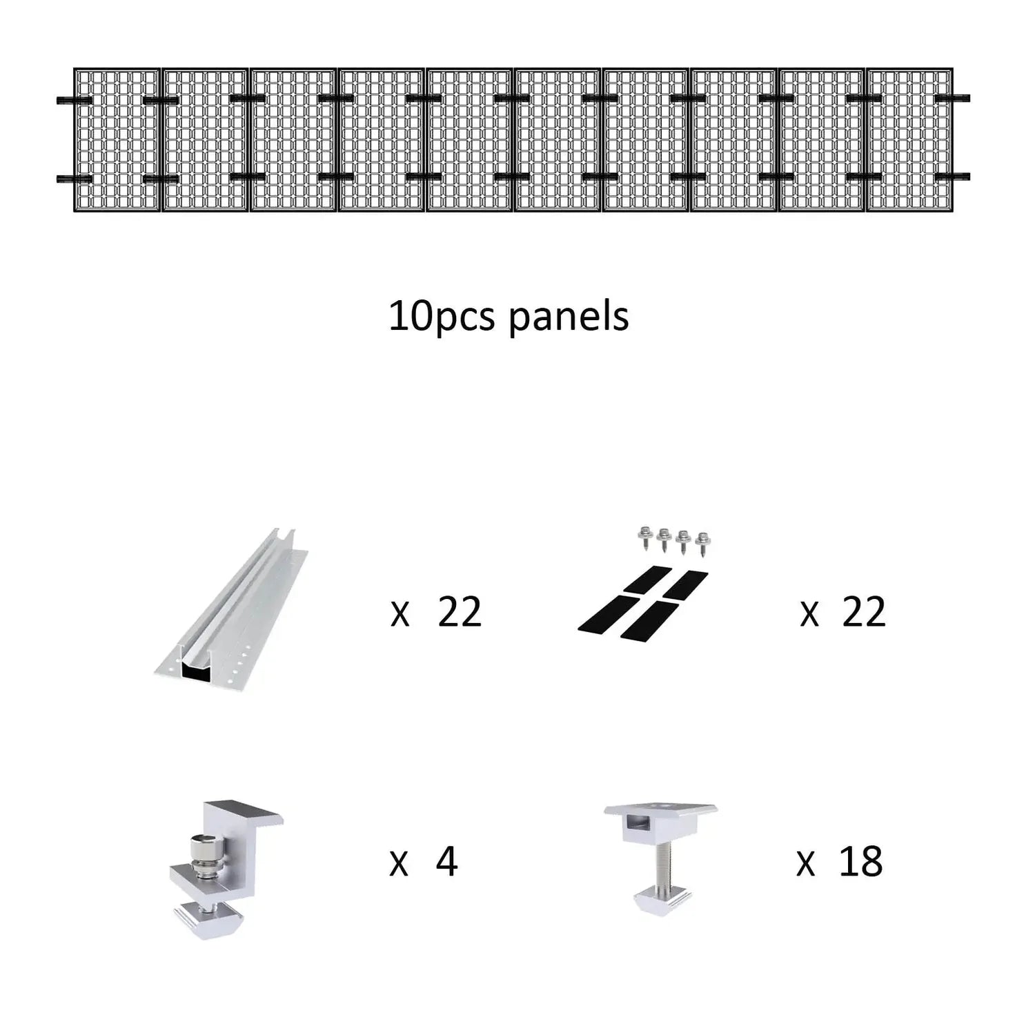 Exploded view diagram of solar panel mounting kit components: 10 panels, 22 rails, 22 black brackets with fasteners, 4 clamps