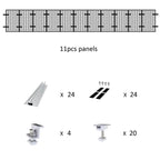 Solar panel mounting kit assembly diagram showing 11 panels with 24 rails, 24 clamps, 4 connectors, and 20 feet brackets.