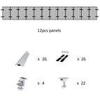 Solar panel mounting kit components diagram showing 12 panels, rails, brackets, and hardware with quantities listed.