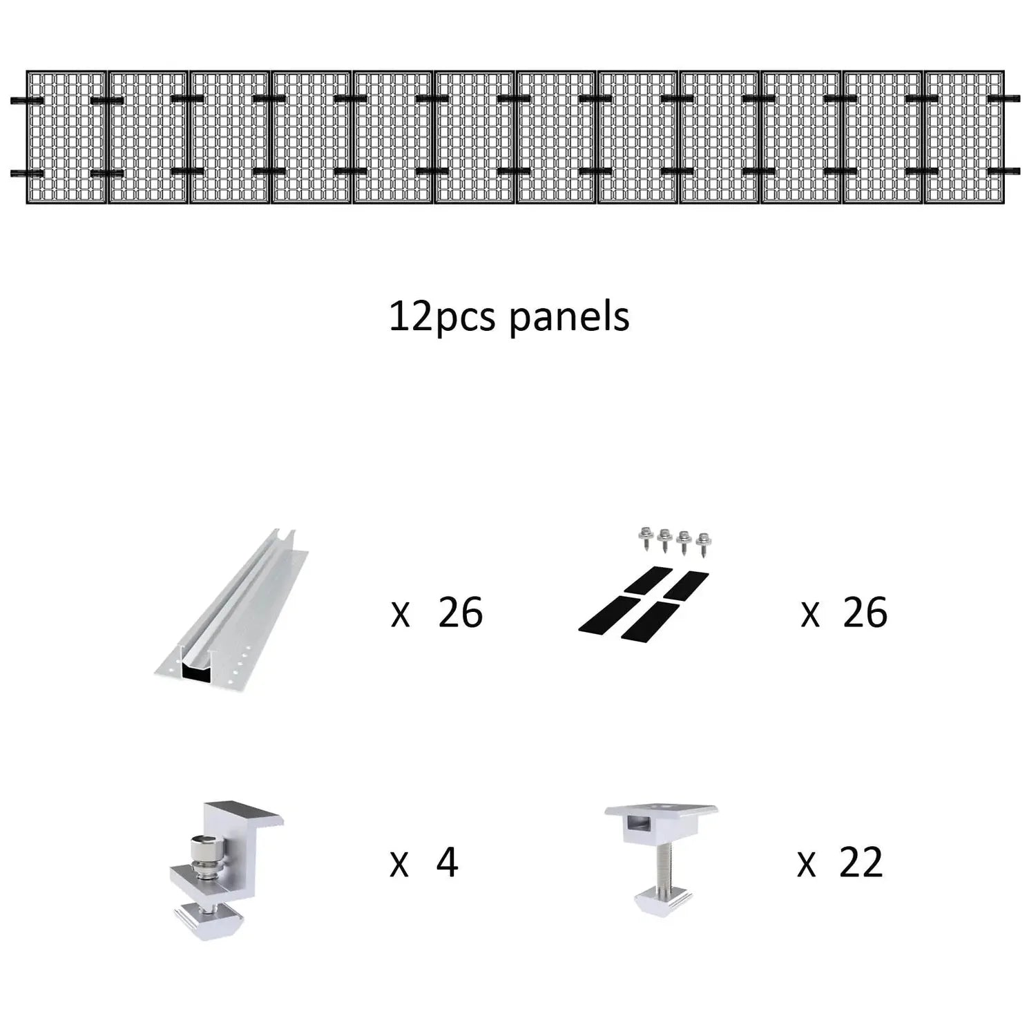 Solar panel mounting kit components diagram showing 12 panels, rails, brackets, and hardware with quantities listed.