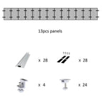 Solar panel mounting kit components diagram showing 13 panels, rails, brackets, clamps, and feet with quantities needed for a