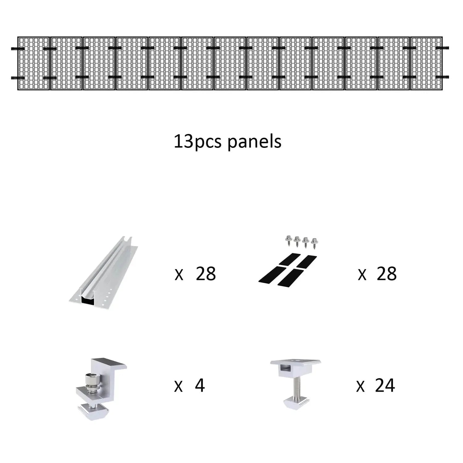 Solar panel mounting kit components diagram showing 13 panels, rails, brackets, clamps, and feet with quantities needed for a