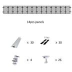 Solar panel mounting kit components diagram showing 14 panels, rails, clamps, end caps, and foot mounts with quantities.