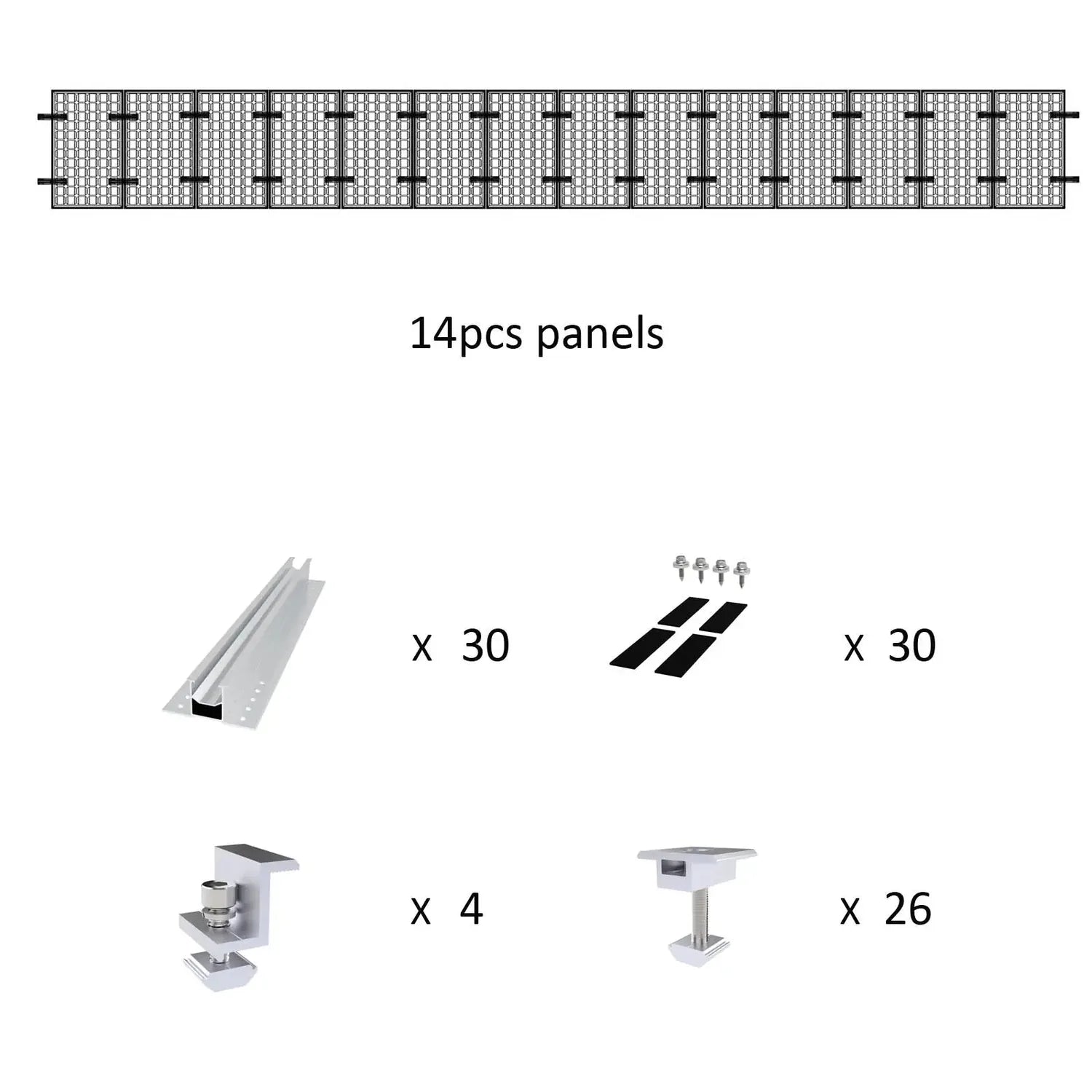 Solar panel mounting kit components diagram showing 14 panels, rails, clamps, end caps, and foot mounts with quantities.