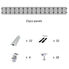 Assembly diagram showing 15 solar panel mounting components: aluminum rails, clamps, brackets, and feet with quantities label