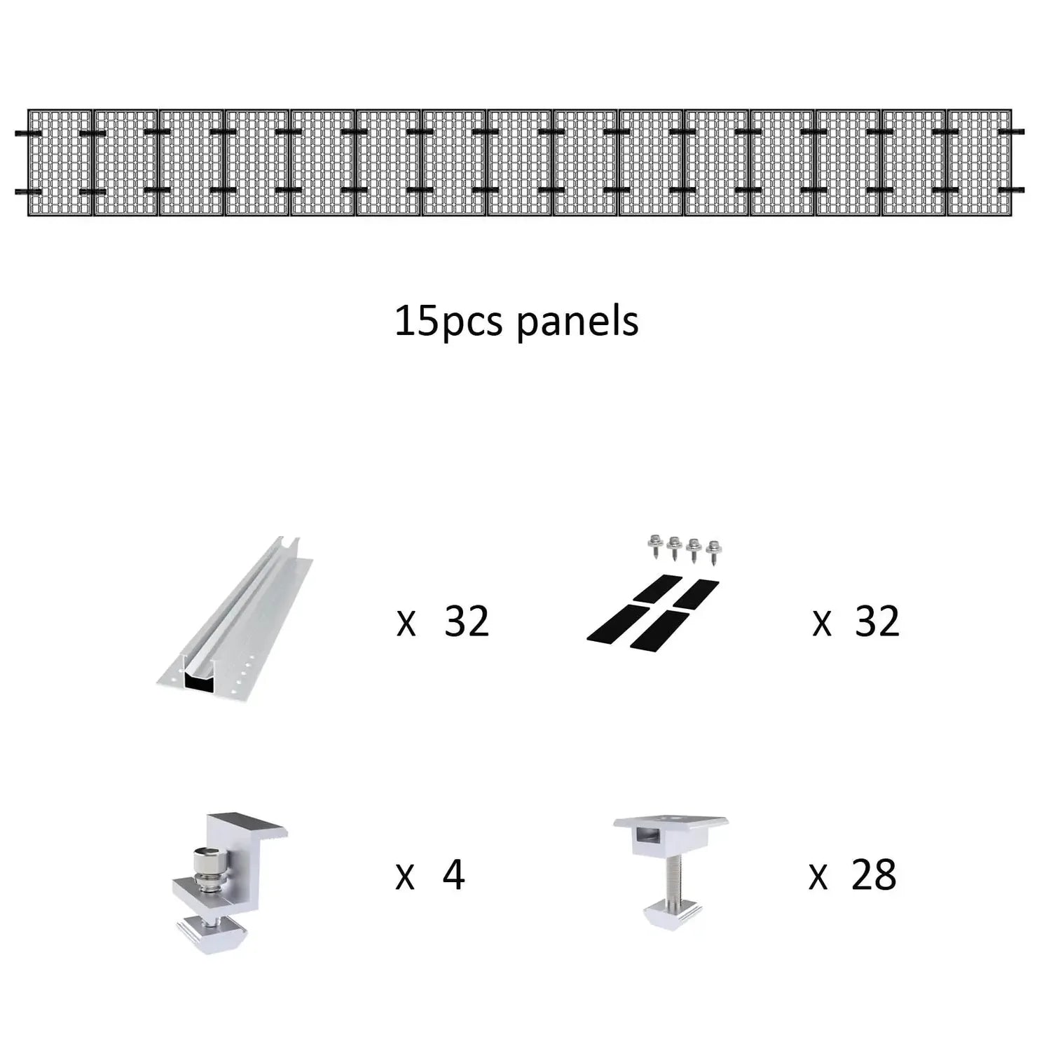 Assembly diagram showing 15 solar panel mounting components: aluminum rails, clamps, brackets, and feet with quantities label