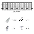 Solar panel mounting kit components diagram showing 6 panels, 14 rails, 14 brackets with screws, 4 clamps, and 10 feet.
