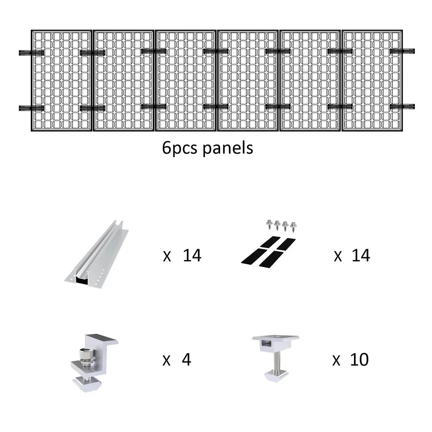 Solar panel mounting kit components diagram showing 6 panels, 14 rails, 14 brackets with screws, 4 clamps, and 10 feet.