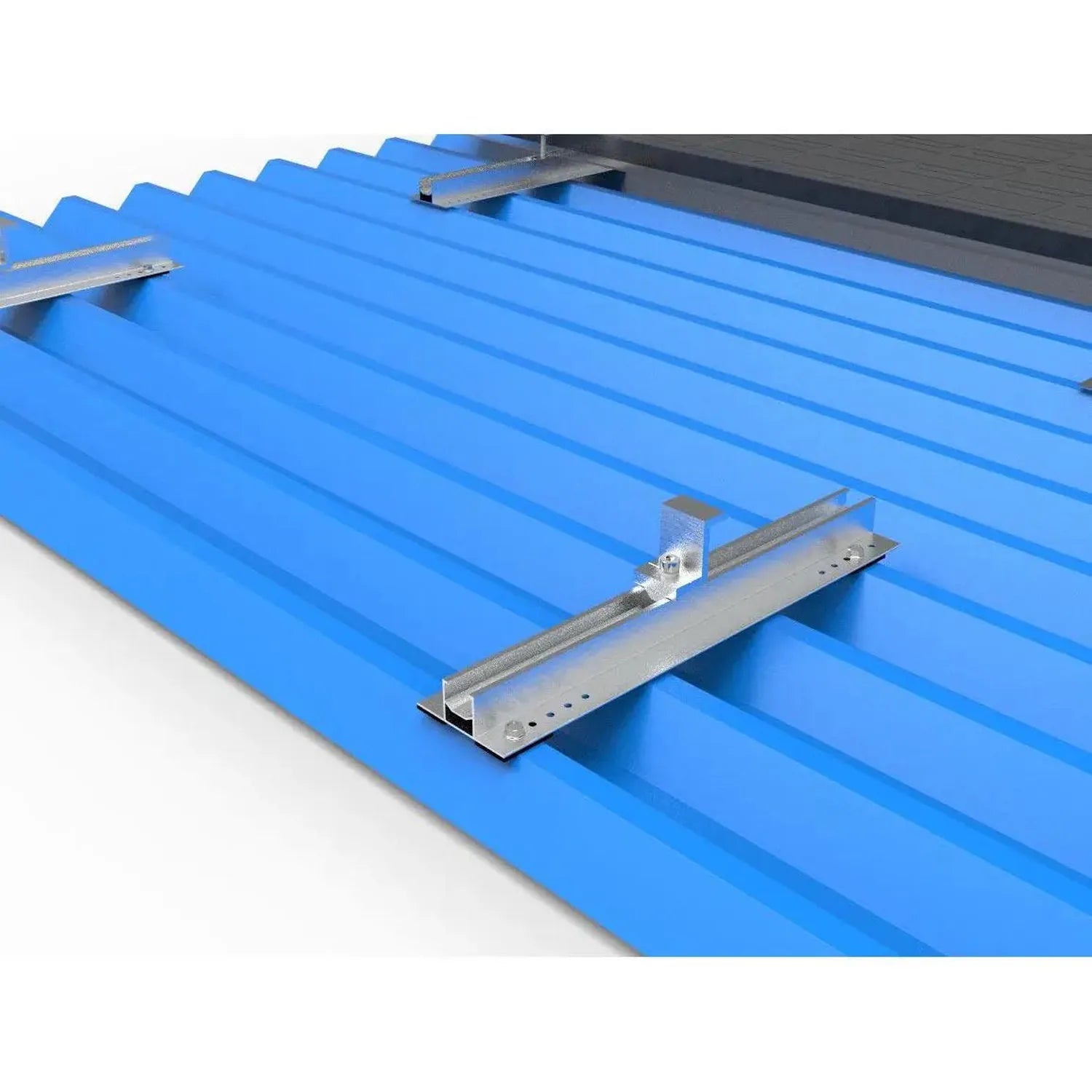 Blue corrugated metal roof with rail-less solar mounting bracket installed across panels, showing metal clamp attachment syst