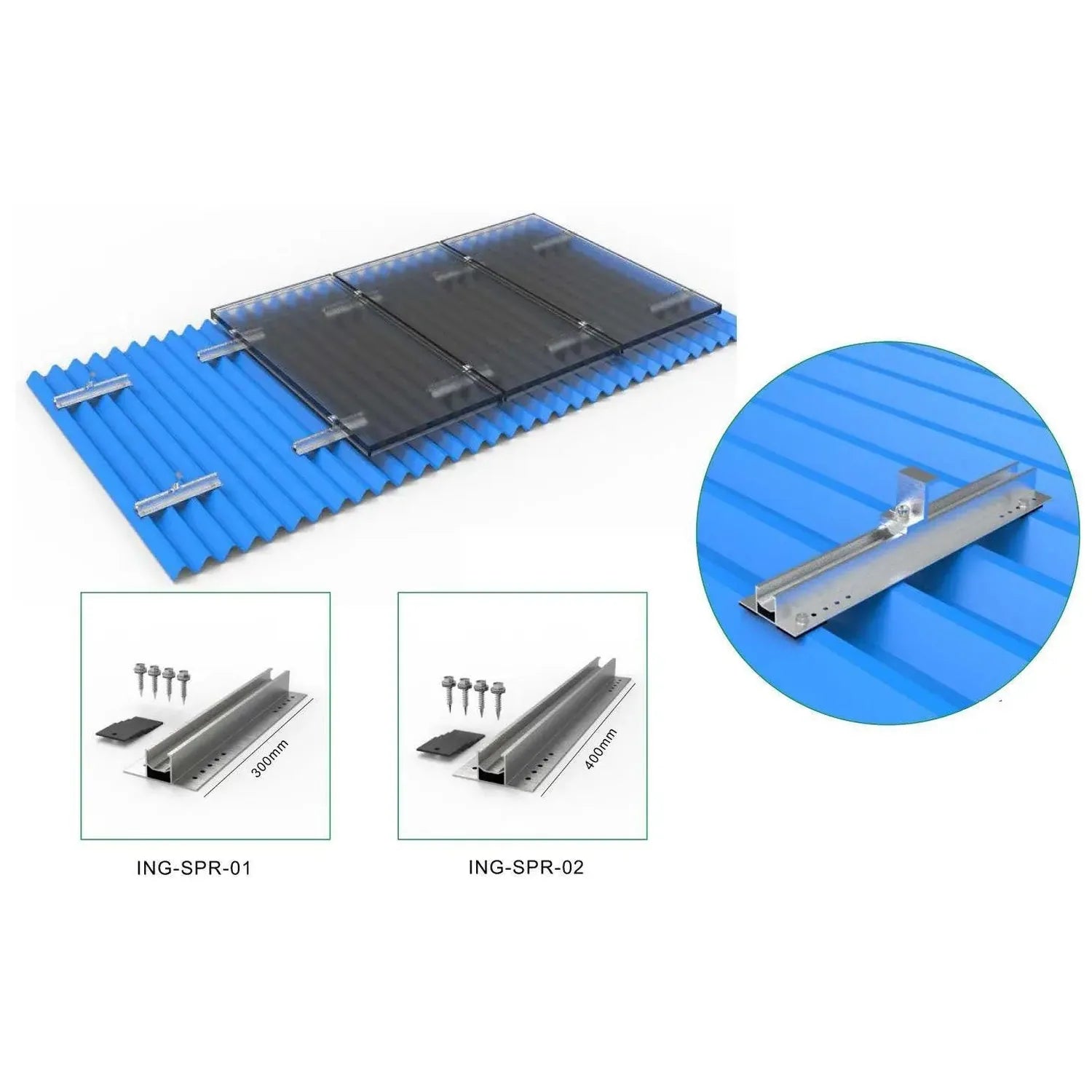 Rail-less solar panel mounting kit showing blue corrugated metal roof, black panels, and aluminum rail components ING-SPR-01 