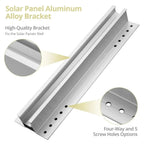 Solar panel aluminum alloy bracket with mounting holes and close-ups showing cross-section and screw hole options.