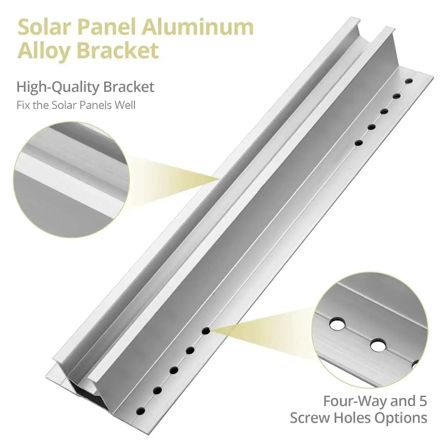 Solar panel aluminum alloy bracket with mounting holes and close-ups showing cross-section and screw hole options.
