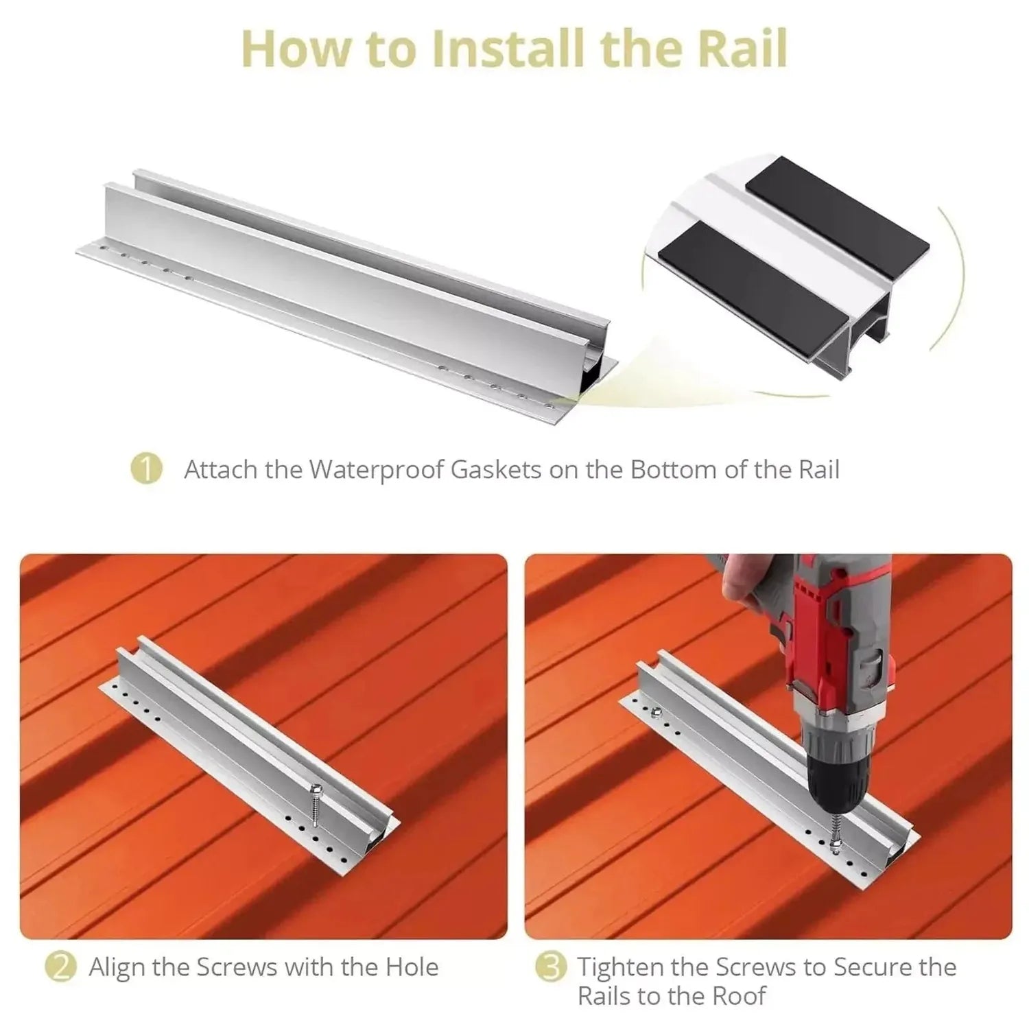 Installation guide for solar panel mounting rail showing waterproof gasket attachment, screw alignment, and securing steps on