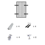 Solar panel mounting kit assembly diagram showing rails, brackets, clamps, and hardware with quantity indicators for metal ro