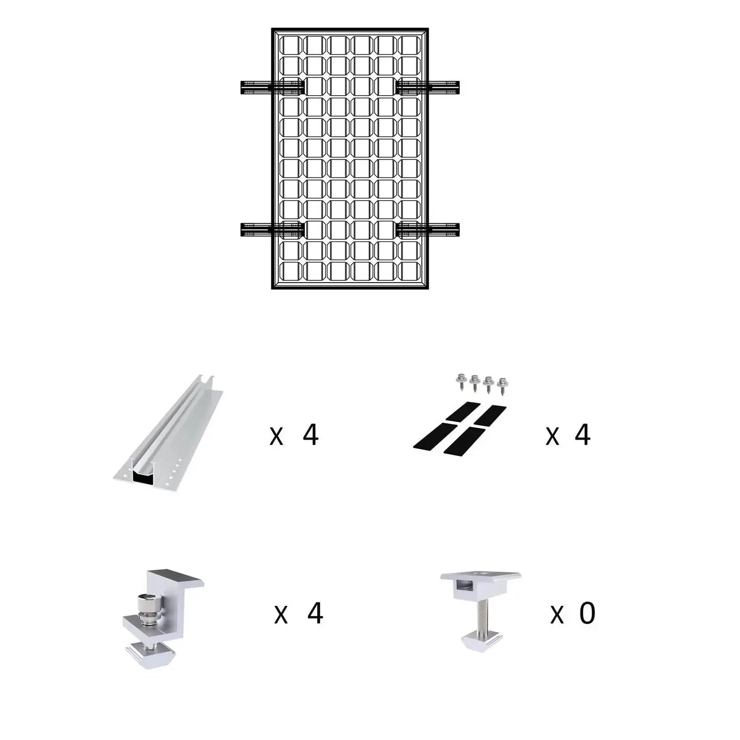 Solar panel mounting kit assembly diagram showing rails, brackets, clamps, and hardware with quantity indicators for metal ro