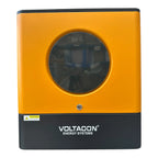 Voltagon Energy Systems inverter charger with yellow and black casing, circular window display, and caution label visible.